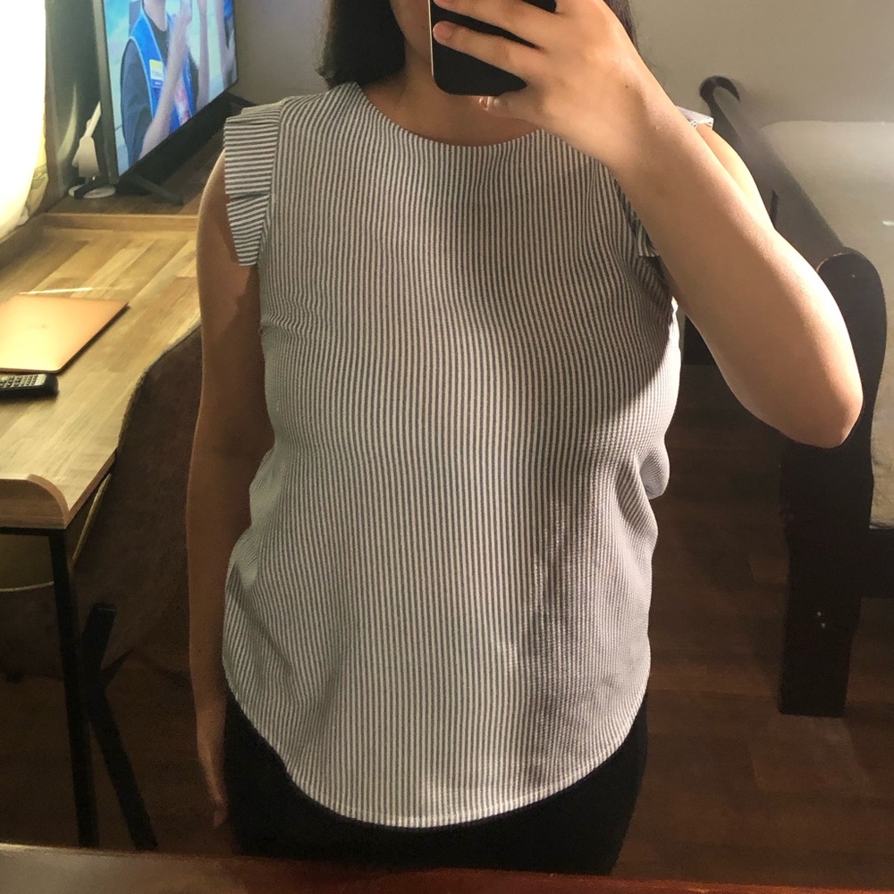 Monteau Sz M Striped Blouse Ruffle Short Sleeves